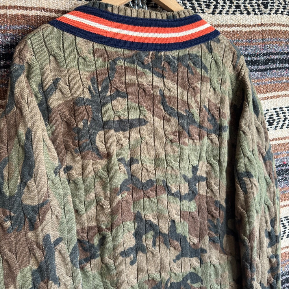 Polo Ralph Lauren V-Neck Cable Knit Sweater Medium Green Camo Tiger Patch - Picture 5 of 10